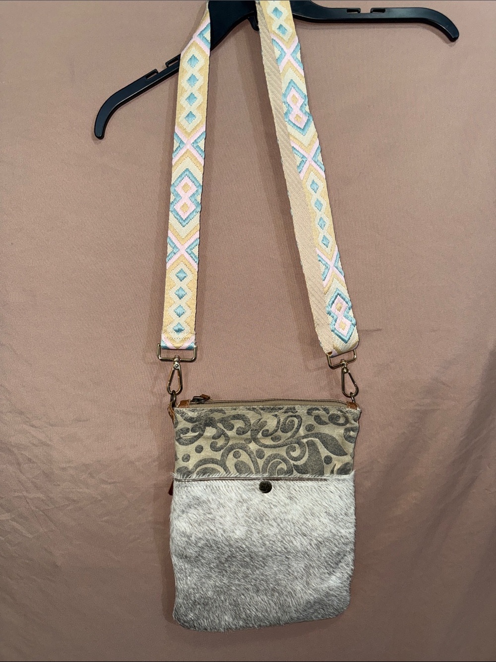 Myra Bag Gray Patterned Crossbody with Decorative Strap